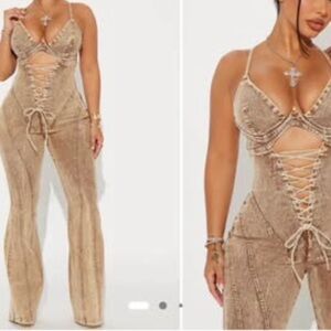 Women's Tan Lace-Up Jumpsuit